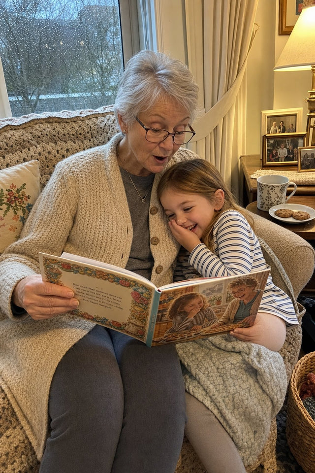 Une grand-maman lit une histoire à sa petite-fille qui rit, sur le sofa