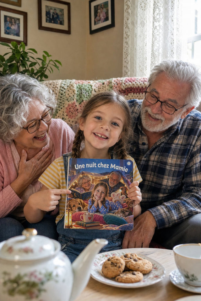 Une fillette montre son livre à ses grands-parents