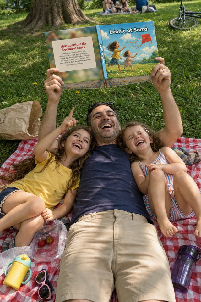 Pique-nique au parc : un papa couché sur une nappe lit une histoire à ses deux filles qui rient