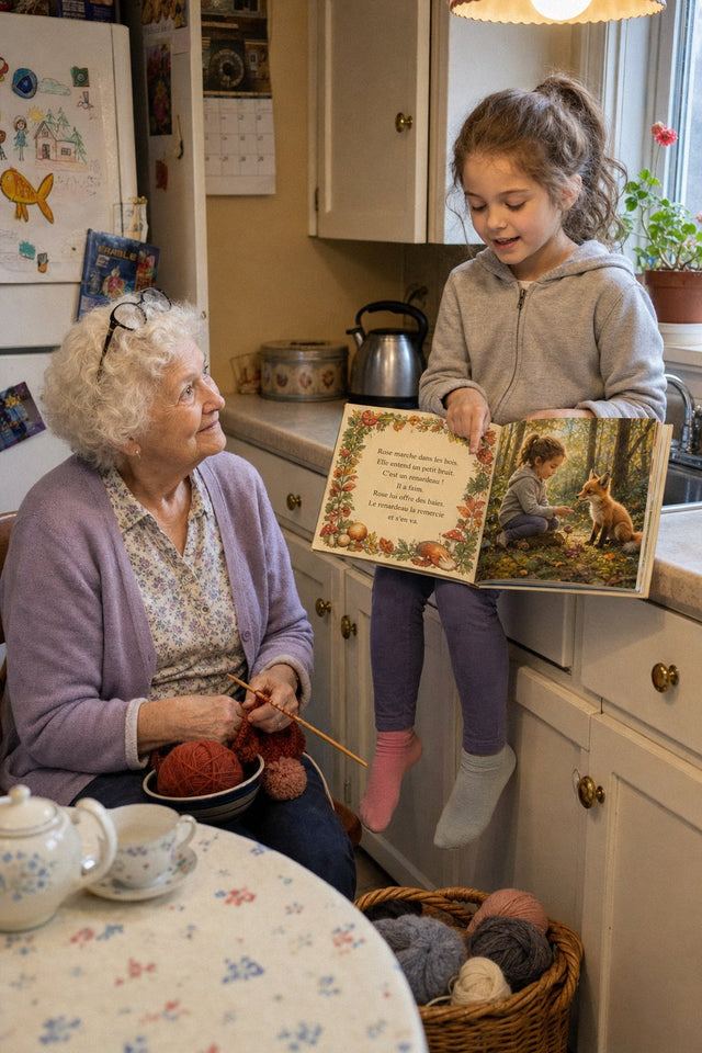 Dans la cuisine de grand-maman, une fillette lit l'histoire à voix haute pendant que sa grand-mère tricote