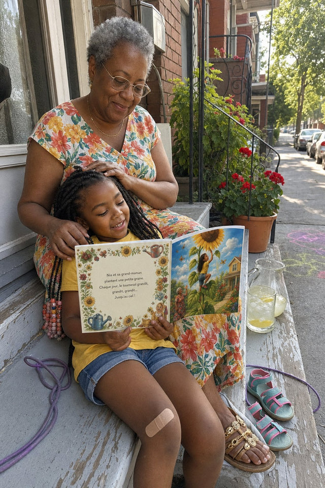 Sur le perron en été, une grand-maman caresse les cheveux de sa petite-fille qui lit