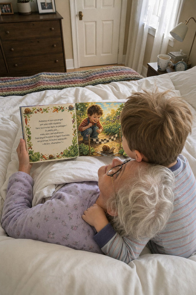 Le dimanche matin au lit, un garçon lit avec sa grand-maman, le menton sur sa tête