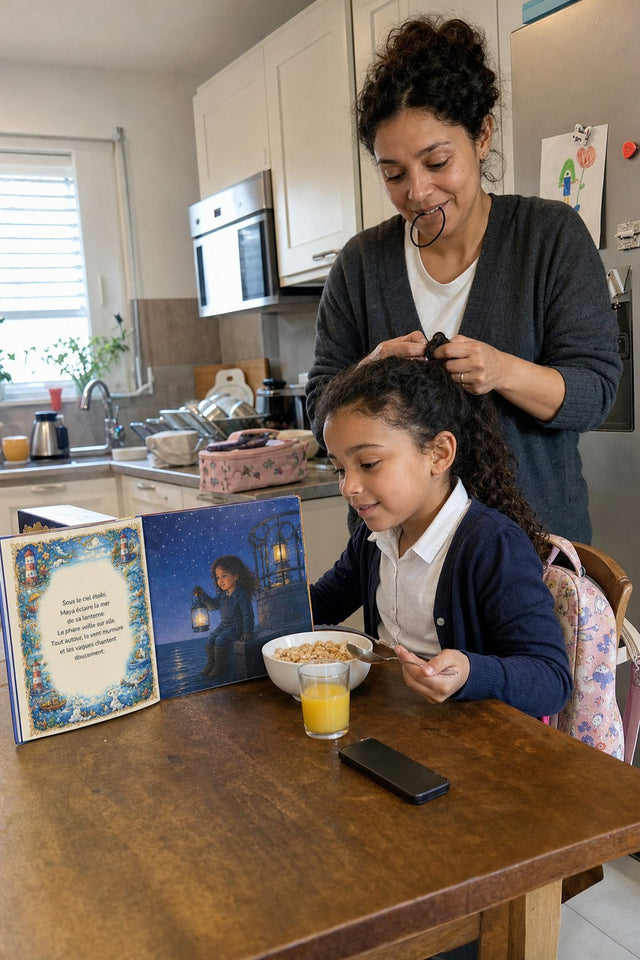 Avant l'école, une fillette lit pendant que sa maman la coiffe