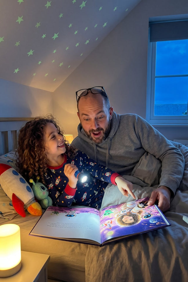 Au lit, une fillette éclaire la page avec sa lampe de poche à côté de son papa