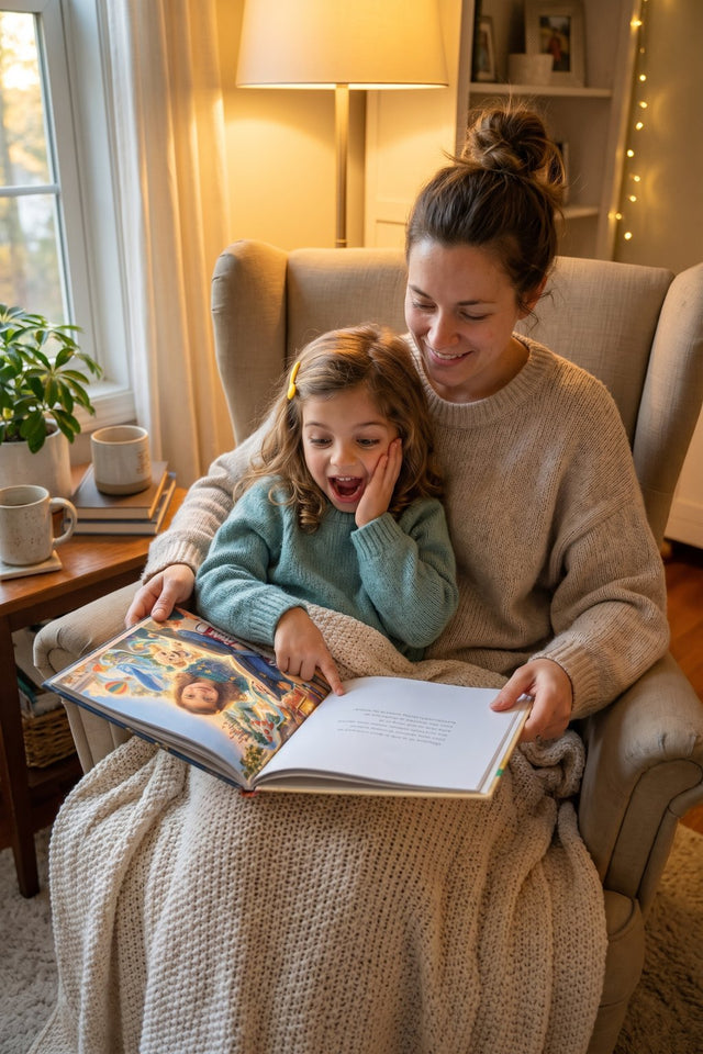 Une fillette émerveillée lit avec sa maman dans un fauteuil