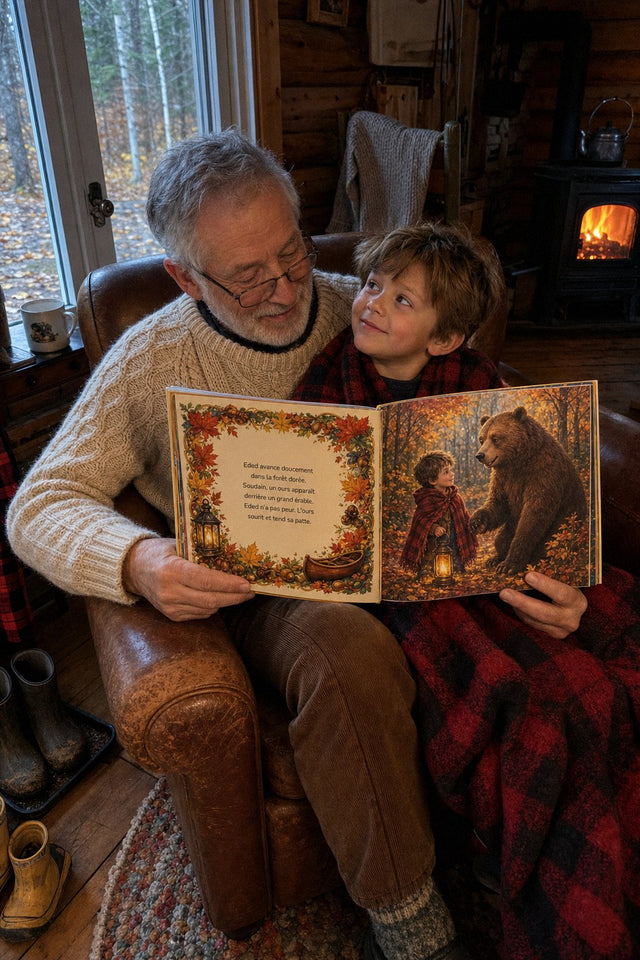 Au chalet en automne, un grand-papa lit une histoire à son petit-fils près du poêle à bois