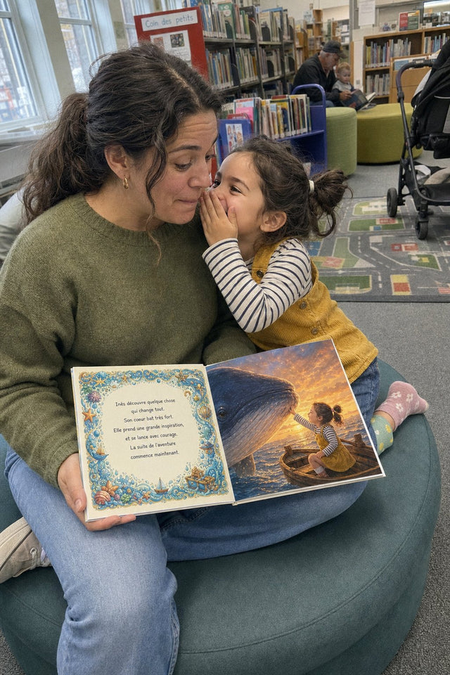 À la bibliothèque de quartier, une fillette chuchote un secret à l'oreille de sa maman pendant la lecture
