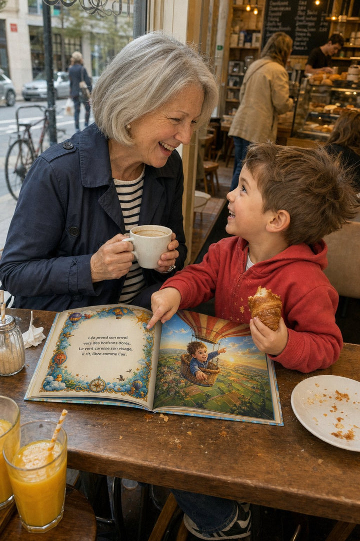 Un dimanche matin au café, un garçon et sa grand-mère regardent son livre en riant