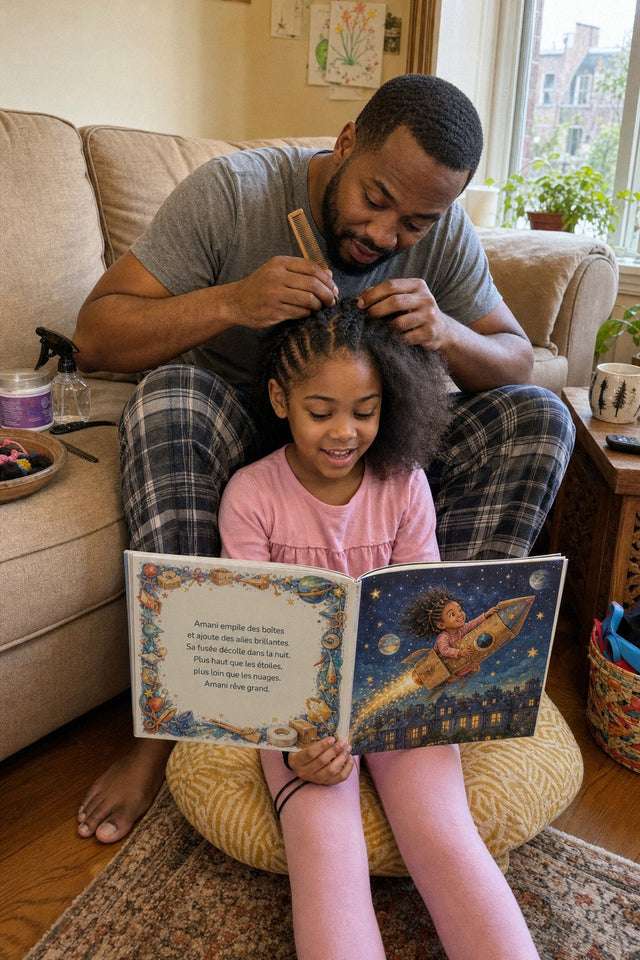 Un samedi matin, un papa tresse les cheveux de sa fille qui lui lit son livre