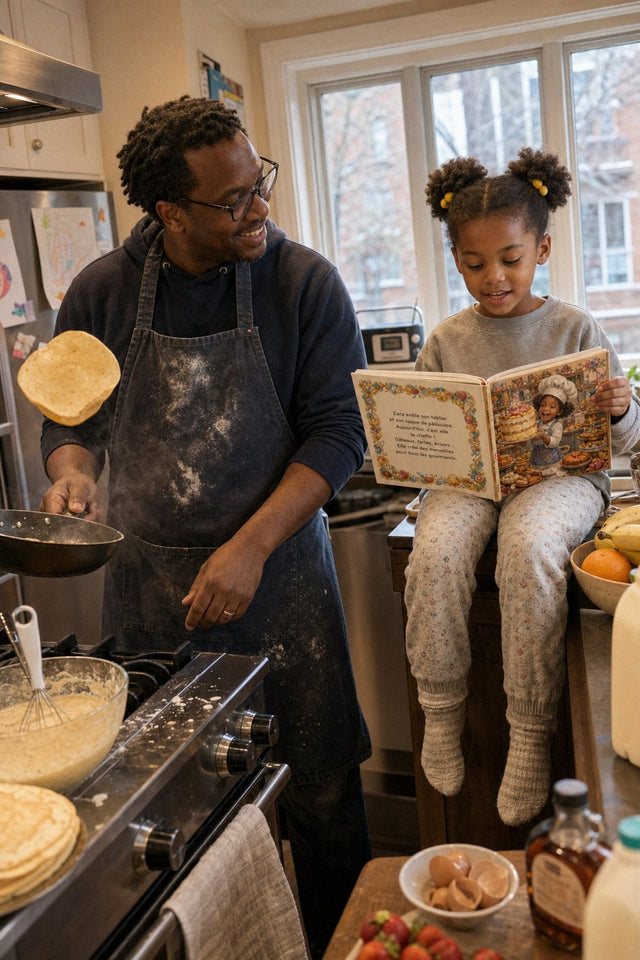 Un dimanche, un papa fait sauter une crêpe en écoutant sa fille lire son histoire