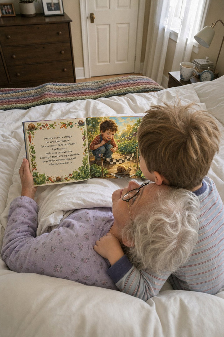 Le dimanche matin au lit, un garçon lit avec sa grand-maman, le menton sur sa tête