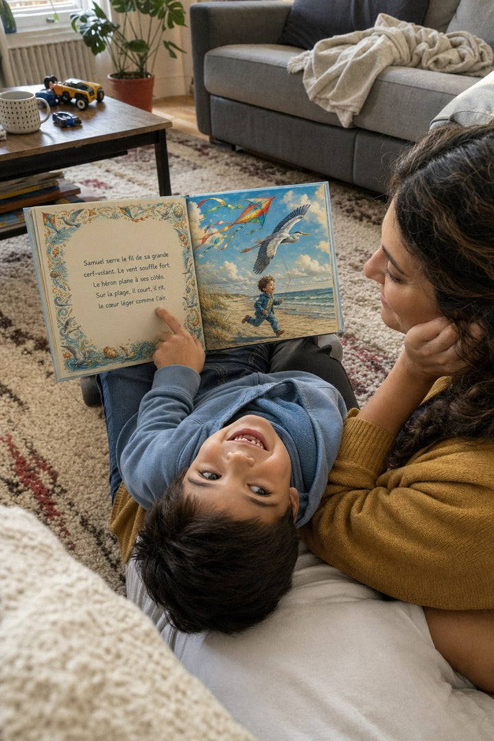 Sur le tapis du salon, un garçon adossé à sa maman lève la tête vers elle en souriant