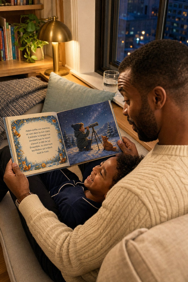 Le soir, sur la banquette de la fenêtre, un garçon rit blotti contre son papa qui lui lit son histoire